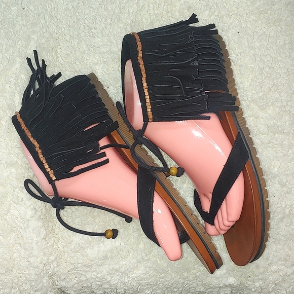 MIA Native Black Fringe Beaded Suede Leather Sandals - Picture 4 of 9